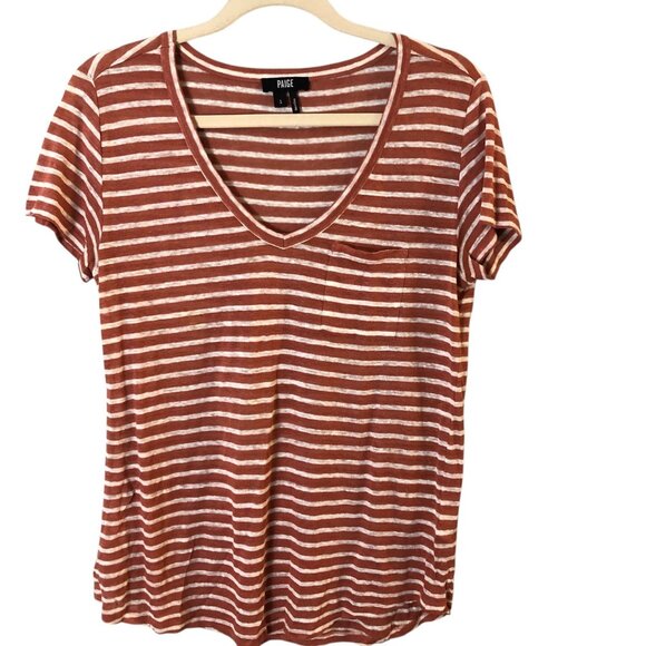 Paige Lynnea Linen Striped Chest Pocket V Neck T Shirt - NEW - Picture 2 of 9